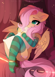 Size: 2436x3416 | Tagged: safe, artist:magnaluna, fluttershy, pegasus, anthro, plantigrade anthro, g4, adorasexy, beautiful, beautisexy, bed, blushing, casual nudity, clothes, colored pupils, covering, cute, cutie mark, ear fluff, female, fingerless gloves, floppy ears, gloves, hair over one eye, high res, hug, leggings, long gloves, looking at you, mare, nudity, partial nudity, pillow, pillow hug, precious, sexy, shyabetes, socks, solo, spread wings, striped gloves, striped socks, sweet dreams fuel, thigh highs, wing fluff, wings