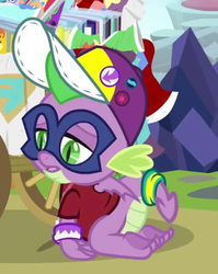 Size: 357x448 | Tagged: safe, screencap, spike, dragon, dragon dropped, g4, cap, claws, clothes, cropped, hat, humdrum costume, male, mask, power ponies, solo, tail, toes, winged spike, wings