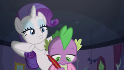 Size: 1920x1080 | Tagged: safe, screencap, rarity, spike, dragon, pony, unicorn, dragon dropped, g4, bedroom, head down, hoof under chin, looking at someone, oblivious, puckered lips, winged spike, wings, writing