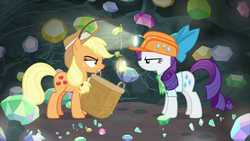 Size: 1920x1080 | Tagged: safe, screencap, applejack, rarity, earth pony, pony, unicorn, dragon dropped, g4, angry, annoyed, basket, bow, duo, female, gem, gem cave, gemstones, hat, helmet, lamp, light, looking at each other, mare, mining helmet