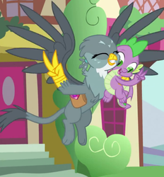 Size: 696x751 | Tagged: safe, screencap, gabby, spike, dragon, griffon, dragon dropped, g4, claws, cropped, eyes closed, female, flying, male, paws, peace sign, saddle bag, side hug, tail, winged spike, wings