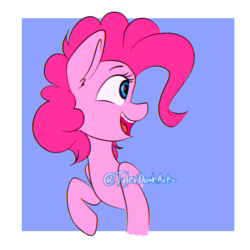Size: 768x768 | Tagged: safe, artist:tylerdashart, pinkie pie, earth pony, pony, g4, abstract background, bust, cute, diapinkes, ear fluff, female, mare, open mouth, profile, solo