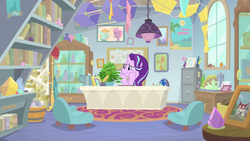Size: 1280x720 | Tagged: safe, screencap, phyllis, starlight glimmer, pony, unicorn, a horse shoe-in, g4, cute, female, glimmerbetes, mare, plant, smiling, squishy cheeks, starlight's office