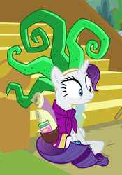 Size: 624x893 | Tagged: safe, screencap, mane-iac, rarity, pony, dragon dropped, g4, clothes, cosplay, costume, cropped, female, sitting, solo