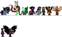 Size: 1024x615 | Tagged: safe, artist:ressurectednightmare, discord, king sombra, nightmare moon, queen chrysalis, sci-twi, sunset shimmer, twilight sparkle, equestria girls, g4, alternate universe, good king sombra, midnight sparkle, redesign, simple background, sunset satan, transparent background, villains of equestria