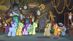 Size: 1280x720 | Tagged: safe, screencap, citrine spark, doctor whooves, huckleberry, november rain, smolder, starlight glimmer, time turner, dragon, earth pony, pony, unicorn, a horse shoe-in, g4, doctor whooves' lab, dragoness, female, flameless fireworks, friendship student, magic, magic aura, male, mare, smolder is not amused, stallion, telekinesis, unamused