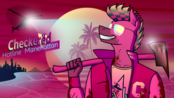 Size: 3840x2160 | Tagged: safe, artist:checkered, oc, oc only, oc:checkered, earth pony, anthro, 80's style, 80's-ish, abstract background, axe, beach, blood, bridge, city, clothes, helicopter, hotline miami, jacket, manehattan, outrun, palm tree, police helicopter, retro, skyline, solo, spotlight, summer, sun, sunglasses, sunset, text, tree, weapon