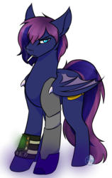 Size: 1024x1623 | Tagged: safe, artist:halopiexd, oc, oc only, oc:bitmaker, bat pony, pony, amputee, cigarette, looking at you, male, prosthetic limb, prosthetics, smoking, solo