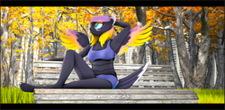 Size: 4000x1969 | Tagged: safe, artist:royal-miou, oc, oc only, oc:blooming lotus, anthro, 3d, armpits, colored, cute, feet, female, grass, pinup, public, sexy, solo, source filmmaker, tail, tree, wings