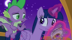 Size: 1920x1080 | Tagged: safe, screencap, spike, twilight sparkle, alicorn, dragon, pony, between dark and dawn, g4, amulet, jewelry, magic, twilight sparkle (alicorn), winged spike, wings