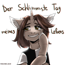 Size: 1350x1350 | Tagged: safe, artist:serodart, oc, oc only, pony, unicorn, colored hooves, crying, female, german, simple background, smiling, solo, text, white background