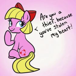 Size: 2100x2100 | Tagged: safe, artist:sjart117, oc, oc only, oc:tender sweet, oc:zabu, pony, bad pickup line, bow, commission, female, gradient background, hair bow, high res, looking back, mare, pickup lines, raised hoof, silly, smiling, solo, speech