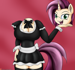 Size: 2700x2500 | Tagged: safe, artist:novaspark, oc, oc only, oc:mix n' match, dullahan, monster pony, anthro, clothes, detachable head, disembodied head, french maid, headless, high res, maid, modular, patreon, patreon logo, solo