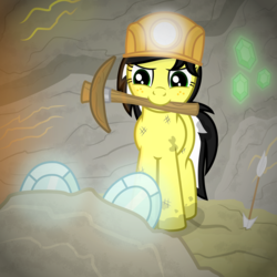 Size: 2500x2500 | Tagged: safe, artist:devfield, oc, oc only, oc:uppercute, pony, g4, arrow, cave, diamond, dirt, dirty, emerald, feather, female, gem, glowing, gold, helmet, high res, iron, mining, mining helmet, mouth hold, pickaxe, rock, shading, shadow, show accurate, vignette