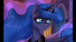 Size: 1280x720 | Tagged: safe, artist:raychelrage, princess luna, alicorn, pony, g4, 90s anime, bust, cross-popping veins, crown, cute, female, jewelry, lunabetes, madorable, mare, portrait, regalia, solo