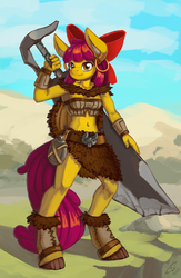 Size: 783x1200 | Tagged: safe, artist:lexx2dot0, apple bloom, earth pony, anthro, unguligrade anthro, g4, barbarian, belly button, canteen, clothes, ear piercing, earring, female, fur, jewelry, midriff, older, older apple bloom, piercing, smiling, solo, sword, tube top, weapon