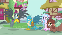 Size: 1280x720 | Tagged: safe, screencap, gabby, gallus, silverstream, spike, yona, dragon, griffon, hippogriff, yak, dragon dropped, g4, chest fluff, claws, cute, diastreamies, female, flying, jewelry, necklace, paws, ponyville, saddle bag, tail, winged spike, wings, yonadorable