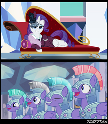 Size: 640x738 | Tagged: safe, edit, edited screencap, editor:teren rogriss, screencap, rarity, ruby armor, teal crescent, earth pony, pegasus, pony, unicorn, g4, armor, crystal empire, crystal guard, crystal guard armor, eyes closed, fainting couch, female, grin, hooves, horn, lying down, male, mare, open mouth, smiling, stallion, wings