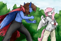 Size: 4096x2800 | Tagged: safe, artist:sugar morning, artist:the-minuscule-task, oc, oc:bizarre song, oc:sugar morning, pegasus, anthro, collaboration, colored, duo, sugarre