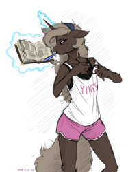 Size: 1348x1800 | Tagged: safe, artist:the-minuscule-task, oc, oc only, oc:parch well, unicorn, anthro, book, brushing teeth, clothes, collarbone, glasses, glowing, glowing horn, horn, magic, magic aura, multitasking, reading, shorts, solo, telekinesis, toothbrush