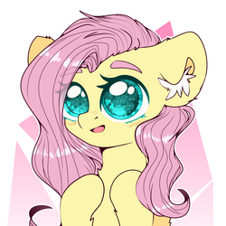 Size: 2000x2000 | Tagged: safe, artist:etoz, fluttershy, pony, abstract background, blushing, bust, colored pupils, cute, ear fluff, eye clipping through hair, eyebrows, eyebrows visible through hair, female, leg fluff, mare, open mouth, shyabetes, solo