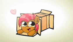 Size: 500x288 | Tagged: safe, artist:alfa995, babs seed, silver spoon, earth pony, pony, g4, adorababs, adorable face, animated, bait and switch, box, cute, female, filly, freckles, heart, looking at you, ponies sliding into a box, silverbetes