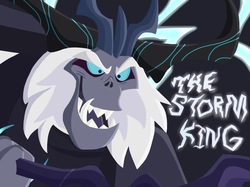 Size: 2732x2048 | Tagged: safe, artist:justsomepainter11, storm king, yeti, g4, my little pony: the movie, antagonist, armor, black background, crown, dark background, evil grin, fangs, grin, high res, horns, jewelry, lightning, name, regalia, simple background, smiling, staff, staff of sacanas