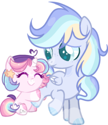 Size: 866x1001 | Tagged: dead source, safe, artist:moon-rose-rosie, artist:rainbows-skies, artist:tech-kitten, oc, oc only, oc:astral breeze, oc:celestial moon, pegasus, pony, unicorn, baby, baby pony, base used, collaboration, colt, duo, female, foal, freckles, hug, male, smiling