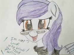 Size: 2016x1512 | Tagged: safe, artist:straighttothepointstudio, oc, oc only, oc:serendipity, pegasus, pony, colored, cute, cutie mark, drawing, female, glasses, long mane, mare, smiling, solo, traditional art