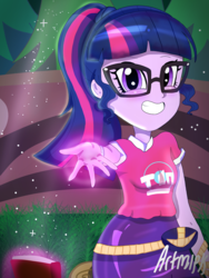 Size: 1800x2400 | Tagged: safe, artist:artmlpk, sci-twi, twilight sparkle, equestria girls, g4, my little pony equestria girls: better together, adorable face, blushing, cute, fanart, female, festival, glasses, glowing hands, magic, ponytail, smiling, solo, telekinesis, twiabetes