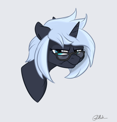 Size: 553x576 | Tagged: safe, artist:rutkotka, oc, oc only, oc:yaasho, pony, unicorn, bust, glasses, grumpy, solo