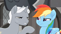Size: 1366x768 | Tagged: safe, screencap, rainbow dash, sunny skies, pegasus, pony, unicorn, g4, my little pony: rainbow roadtrip, desaturated, discovery family logo, duo, female, freckles, grayscale, male, mare, monochrome, pointing, rainbow dash is not amused, raised eyebrow, raised hoof, squint, stallion, unamused, unsure