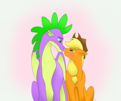 Size: 3791x3152 | Tagged: safe, artist:bella-pink-savage, applejack, spike, dragon, pony, g4, blushing, cute, female, floppy ears, high res, looking at each other, male, older, older spike, profile, ship:applespike, shipping, sitting, straight, winged spike, wings