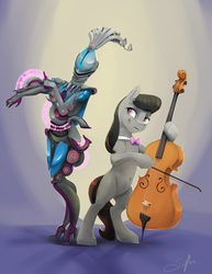Size: 1020x1320 | Tagged: safe, artist:silfoe, octavia melody, earth pony, pony, g4, belly, belly button, bipedal, bow (instrument), cello, commission, duo, female, gradient background, looking at each other, mare, musical instrument, namesake, octavia (warframe), smiling, warframe