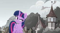 Size: 1366x768 | Tagged: safe, screencap, twilight sparkle, alicorn, pony, g4, rainbow roadtrip, building, desaturated, discovery family logo, female, folded wings, grayscale, hope hollow, mare, monochrome, raised eyebrow, raised hoof, solo, suspicious, tree, twilight sparkle (alicorn), wings