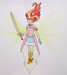 Size: 554x625 | Tagged: safe, artist:metalamethyst, sunset shimmer, equestria girls, g4, daydream shimmer, horn, horned humanization, simple background, sword, traditional art, weapon, white background, winged humanization, wings