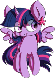 Size: 2786x3936 | Tagged: safe, artist:ekveviron, twilight sparkle, alicorn, pony, g4, cute, eye clipping through hair, female, flower, flower in hair, high res, mare, simple background, solo, spread wings, transparent background, twiabetes, twilight sparkle (alicorn), wings
