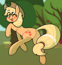 Size: 592x614 | Tagged: safe, artist:pomadora1, applejack, earth pony, pony, g4, blushing, cute, eye clipping through hair, female, jackabetes, mare, one eye closed, open mouth, solo, tree, wink