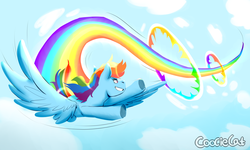 Size: 5000x3000 | Tagged: safe, artist:coociecat, rainbow dash, pegasus, pony, g4, cloud, female, flight trail, flying, looking away, looking back, mare, rainbow, rainbow trail, sky, solo, spread wings, wings