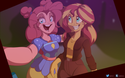 Size: 2835x1772 | Tagged: safe, artist:vesmirart, pinkie pie, sunset shimmer, equestria girls, equestria girls series, g4, sunset's backstage pass!, spoiler:eqg series (season 2), clothes, duo, open mouth, pants, selfie