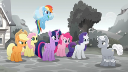Size: 1366x768 | Tagged: safe, screencap, applejack, fluttershy, pinkie pie, rainbow dash, rarity, sunny skies, twilight sparkle, alicorn, earth pony, pegasus, pony, unicorn, g4, my little pony: rainbow roadtrip, crossed arms, crossed hooves, desaturated, discovery family logo, female, flying, grayscale, hope hollow, house, male, mane six, mare, monochrome, stallion, tree, twilight sparkle (alicorn), upset