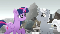 Size: 1366x768 | Tagged: safe, screencap, sunny skies, twilight sparkle, alicorn, pony, g4, rainbow roadtrip, colorless, desaturated, discovery family logo, duo, female, folded wings, freckles, grayscale, hope hollow, male, mare, monochrome, raised eyebrow, raised hoof, smiling, stallion, twilight sparkle (alicorn), wings