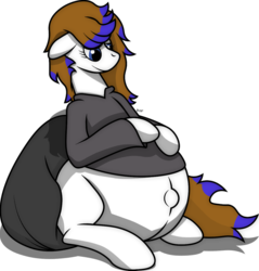 Size: 1024x1072 | Tagged: safe, artist:bronzepony, oc, oc:leda, pony, belly, big belly, clothes, female, hoodie, hoof on belly, large belly, looking at belly, outie belly button, pregnant, sitting