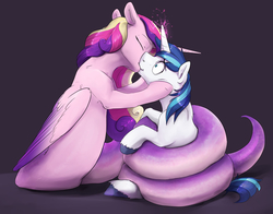Size: 4200x3300 | Tagged: safe, artist:silfoe, princess cadance, shining armor, lamia, original species, pony, unicorn, g4, coils, commission, duo, female, horn, horngasm, implied transformation, kiss on the lips, kissing, lamiafied, male, mare, orgasm, scaroused, ship:shiningcadance, shipping, species swap, stallion, straight, surprised