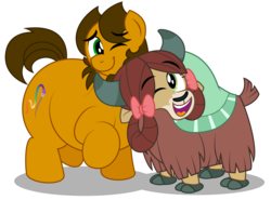 Size: 3000x2224 | Tagged: safe, artist:aleximusprime, yona, oc, earth pony, pony, yak, g4, alex the chubby pony, chubby, cute, fat, female, friends, high res, male, nuzzling, one eye closed, stallion, wink, yonadorable