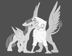 Size: 1680x1320 | Tagged: safe, artist:silfoe, gilda, twilight sparkle, alicorn, griffon, pony, g4, blushing, cheek kiss, chest fluff, commission, crack shipping, female, gray background, grayscale, kissing, lesbian, mare, missing cutie mark, monochrome, one eye closed, shipping, simple background, smiling, spread wings, twilda, twilight sparkle (alicorn), wingboner, wings