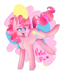 Size: 1789x2041 | Tagged: safe, artist:sweet-game, pinkie pie, earth pony, pony, g4, abstract background, colored pupils, cute, cutie mark background, diapinkes, female, heart, heart eyes, mare, open mouth, solo, wingding eyes