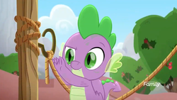Size: 1280x720 | Tagged: safe, screencap, spike, dragon, g4, my little pony: rainbow roadtrip, baby, claws, discovery family logo, fangs, folded wings, male, sky, smiling, solo, tail, winged spike, wings