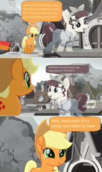 Size: 1352x2288 | Tagged: safe, edit, edited screencap, screencap, applejack, torque wrench, pony, g4, rainbow roadtrip, atorqueable, comic, cute, desaturated, dialogue, discovery family logo, grayscale, hope hollow, jackabetes, lumber, monochrome, overalls, plank, planks, screencap comic, speech bubble, toolbox