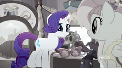 Size: 1364x766 | Tagged: safe, screencap, kerfuffle, rarity, pony, g4, my little pony: rainbow roadtrip, boutique, desaturated, discovery family logo, grayfuffle, grayscale, mannequin, monochrome, sunglasses